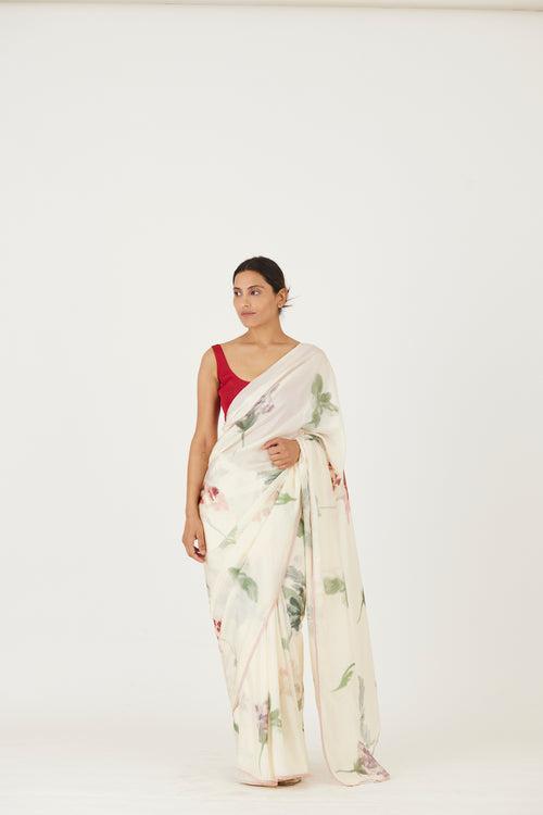 New Season Fall 23/Summer 24-Saree -Silk-Juliet White-YAMLS40-Fashion Edit Yam