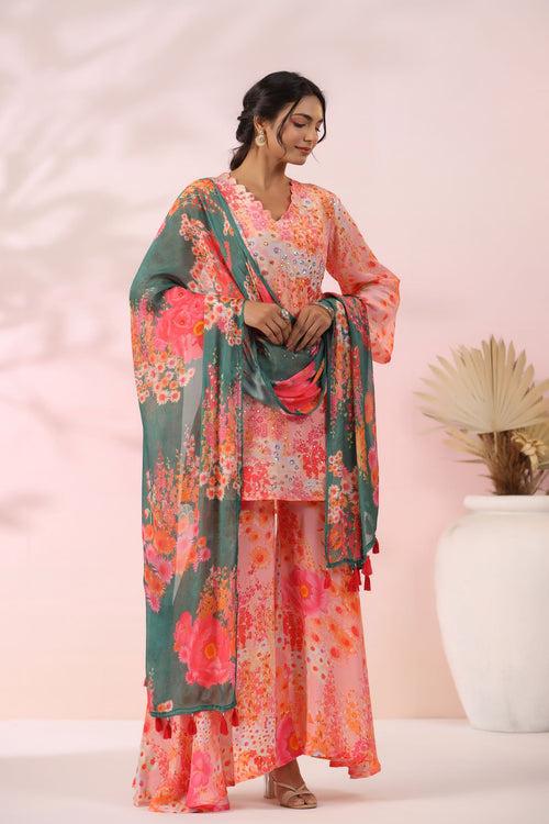 Blush pink and powder green sharara set with spread sequence work