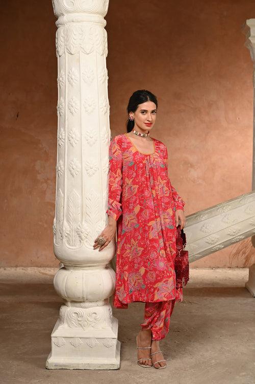 Crimson Red Pure Crepe Spread Delicate Work Kurta with Overlapping Hem Pants