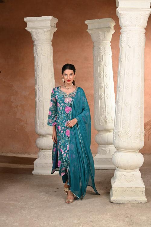 Mehtab Floral Rama Green with Gota work Suit Set