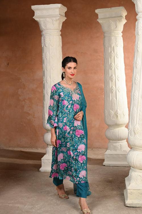 Mehtab Floral Rama Green with Gota work Suit Set