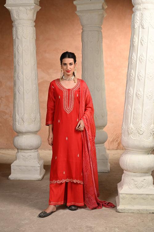 Red Shagun Pure Chanderi Pallazo set with Bandhani Dupatta