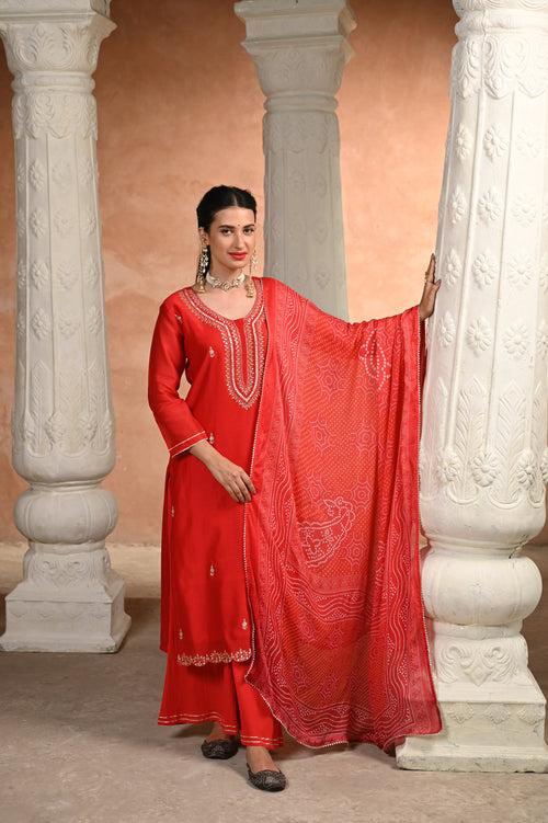 Red Shagun Pure Chanderi Pallazo set with Bandhani Dupatta