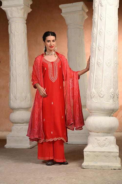 Red Shagun Pure Chanderi Pallazo set with Bandhani Dupatta