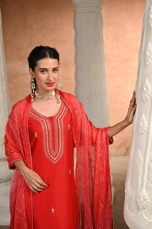 Red Shagun Pure Chanderi Pallazo set with Bandhani Dupatta