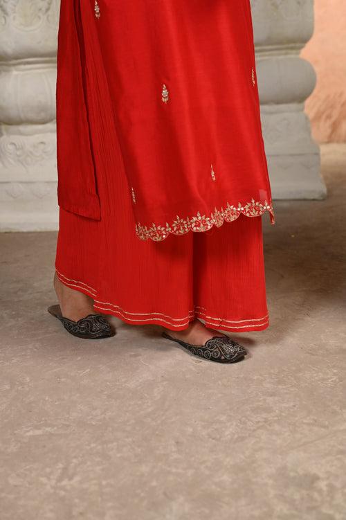 Red Shagun Pure Chanderi Pallazo set with Bandhani Dupatta