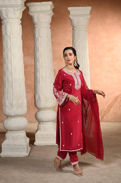 Maroon Qurbat White Embroidered Crepe Suit Set