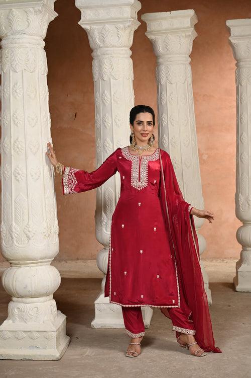 Maroon Qurbat White Embroidered Crepe Suit Set