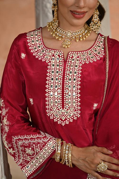 Maroon Qurbat White Embroidered Crepe Suit Set