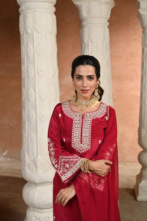 Maroon Qurbat White Embroidered Crepe Suit Set