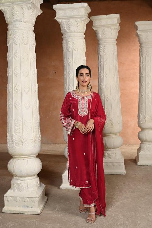 Maroon Qurbat White Embroidered Crepe Suit Set