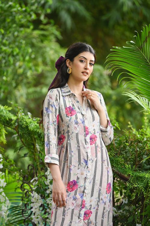 Black and White Striped Floral Print Kurta