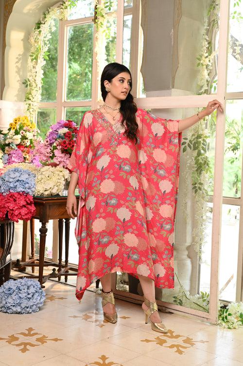 Punch Pink Floral Print Kaftan with Gota Patti Work on the Neck