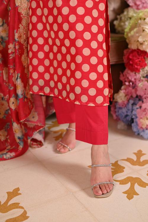 Redish Pink Polka Dot Chanderi Suit Set with Cut Work Dupatta and Marodi Work