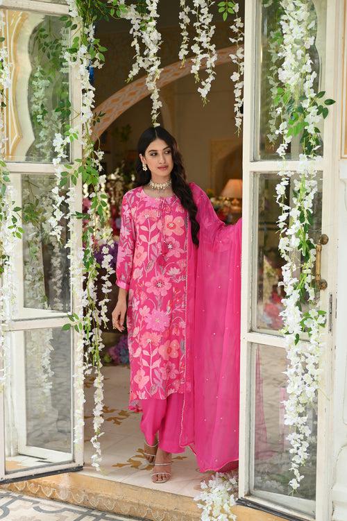 Pink Muslin Suit with Spread Sequence and Gota Work with Chiffon Dupatta