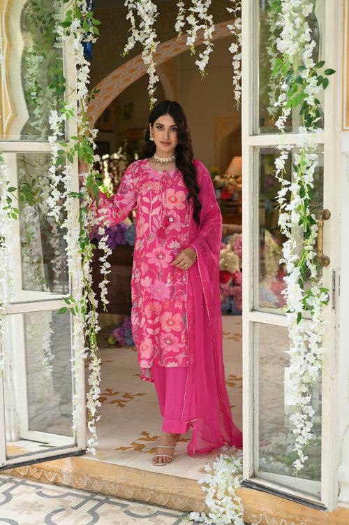 Pink Muslin Suit with Spread Sequence and Gota Work with Chiffon Dupatta