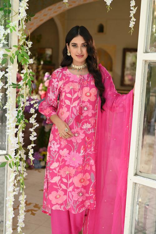 Pink Muslin Suit with Spread Sequence and Gota Work with Chiffon Dupatta