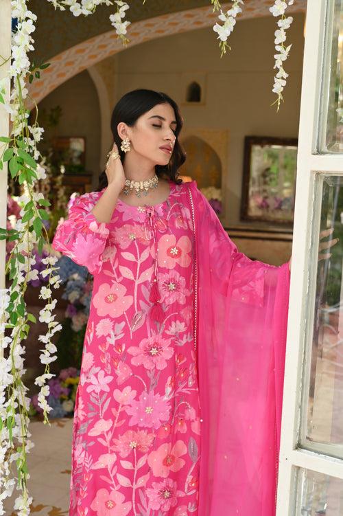 Pink Muslin Suit with Spread Sequence and Gota Work with Chiffon Dupatta