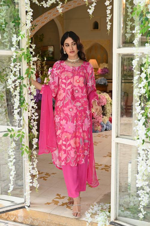 Pink Muslin Suit with Spread Sequence and Gota Work with Chiffon Dupatta