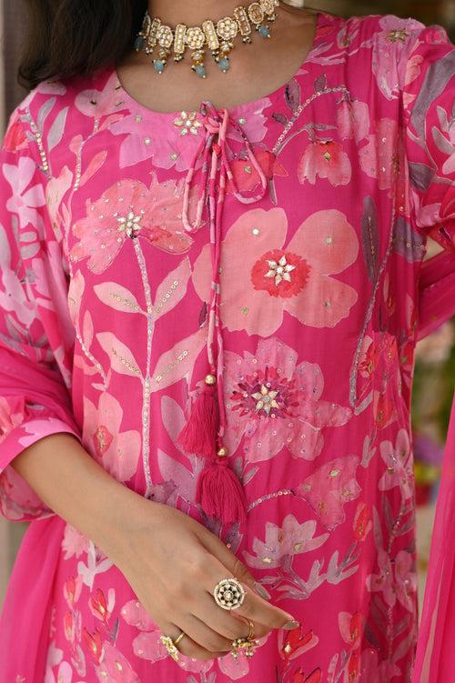 Pink Muslin Suit with Spread Sequence and Gota Work with Chiffon Dupatta