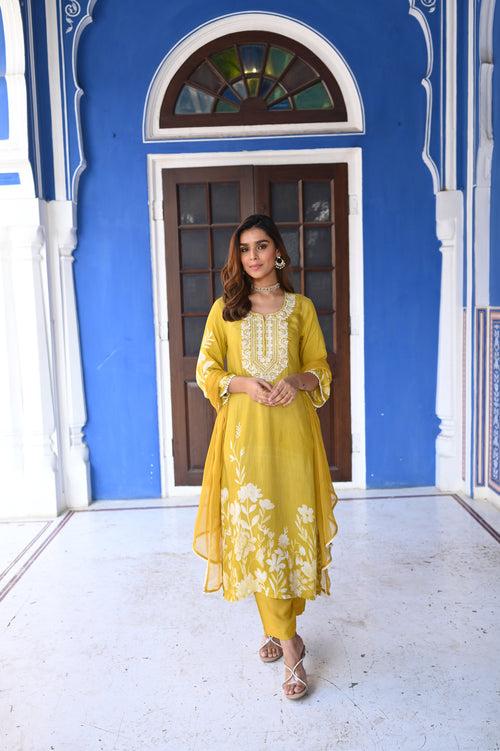 Ikhtiyar Yellow Muslin White Embroidered Suit Set