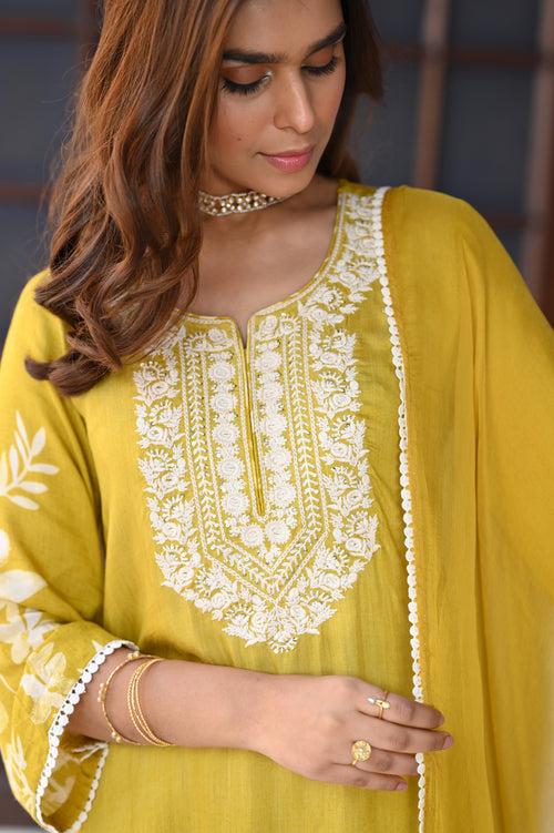 Ikhtiyar Yellow Muslin White Embroidered Suit Set