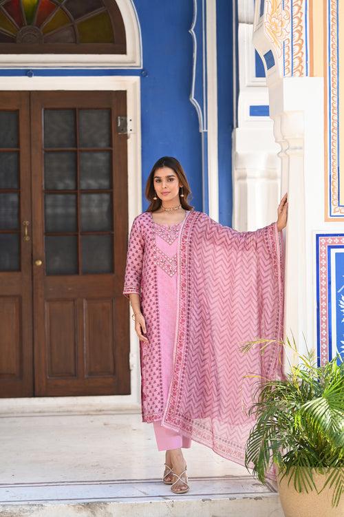 Pink Ikhtiyar Block Print Chanderi Suit Set