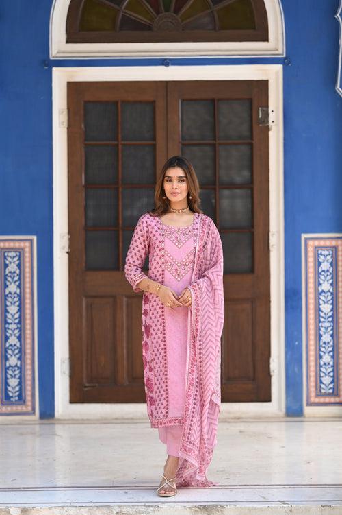 Pink Ikhtiyar Block Print Chanderi Suit Set