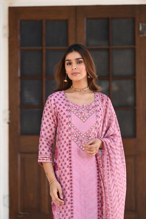 Pink Ikhtiyar Block Print Chanderi Suit Set