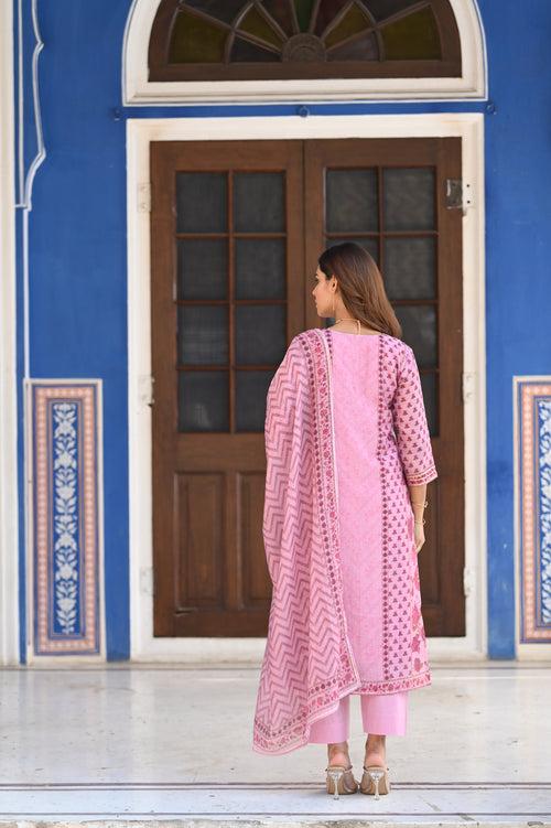 Pink Ikhtiyar Block Print Chanderi Suit Set