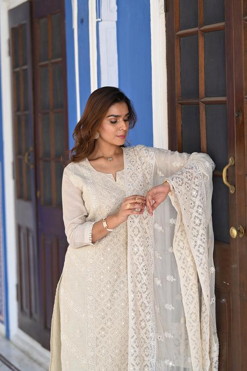 Ikhtiyar Chikankari Chanderi Suit Set