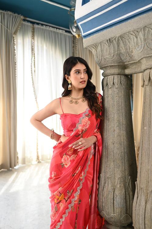 Crimson Red Floral Print Scallope Mirror Border Pure Crepe Saree