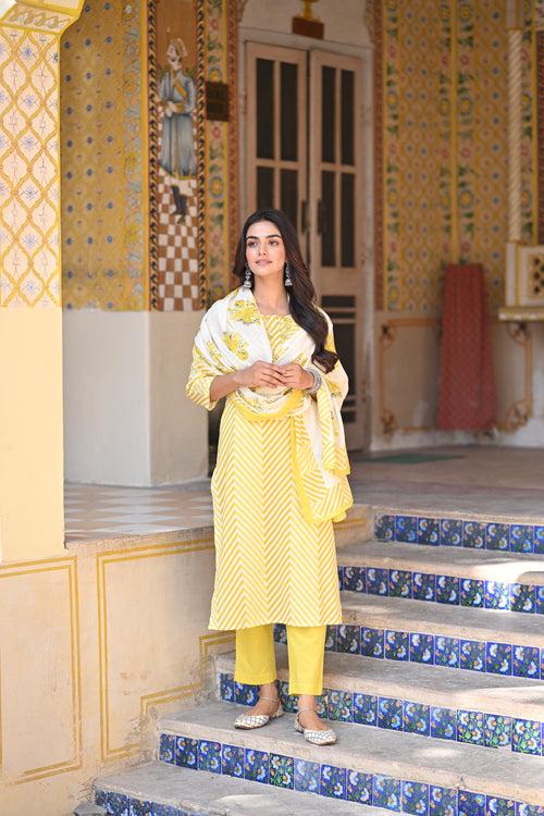 Yellow Izra Zigzag Cotton Suit Set with Thread work and Floral Print Kota Doriya Cotton Dupatta