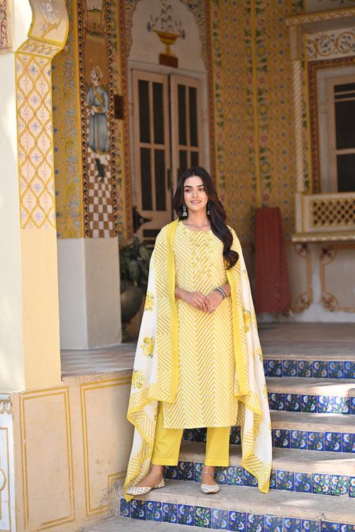 Yellow Izra Zigzag Cotton Suit Set with Thread work and Floral Print Kota Doriya Cotton Dupatta