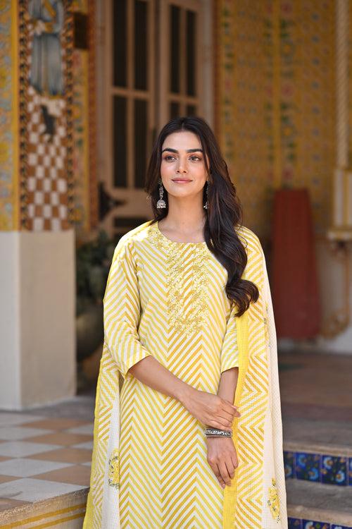 Yellow Izra Zigzag Cotton Suit Set with Thread work and Floral Print Kota Doriya Cotton Dupatta