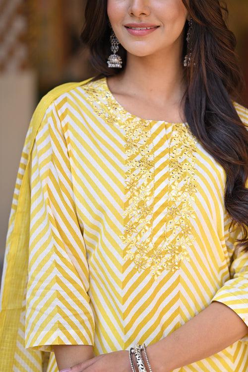 Yellow Izra Zigzag Cotton Suit Set with Thread work and Floral Print Kota Doriya Cotton Dupatta