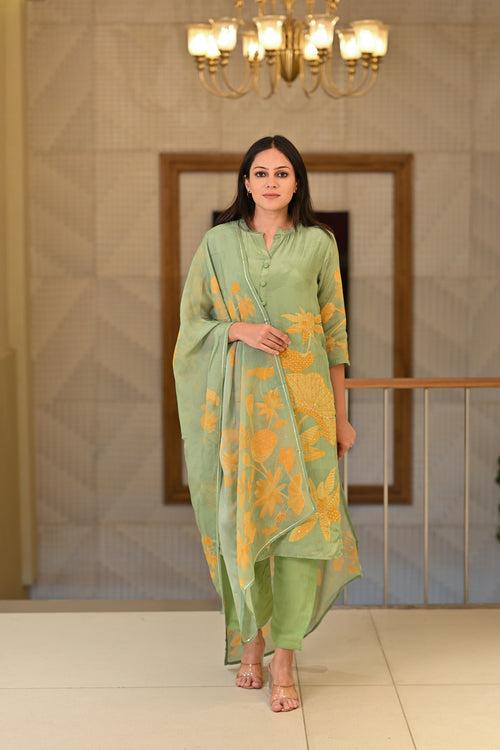 Green and Yellow Bold Floral Print with Delicate Spread Pearl Work Suit Set