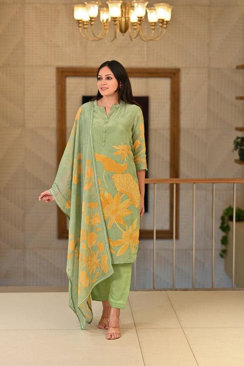 Green and Yellow Bold Floral Print with Delicate Spread Pearl Work Suit Set