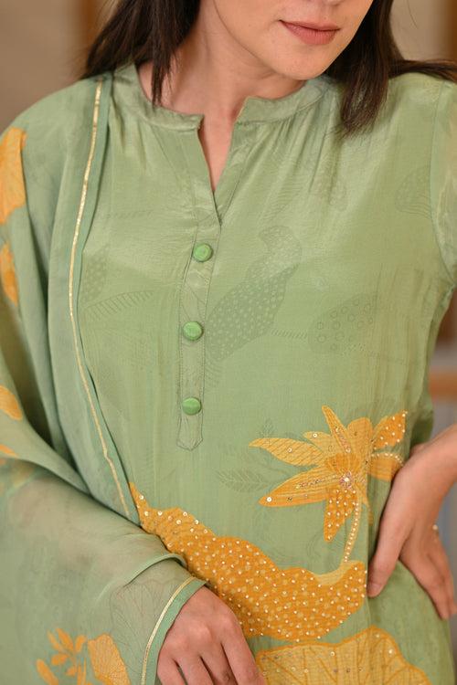 Green and Yellow Bold Floral Print with Delicate Spread Pearl Work Suit Set