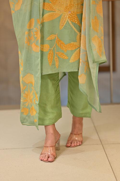 Green and Yellow Bold Floral Print with Delicate Spread Pearl Work Suit Set