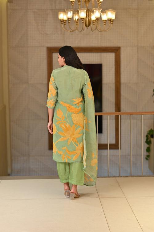 Green and Yellow Bold Floral Print with Delicate Spread Pearl Work Suit Set