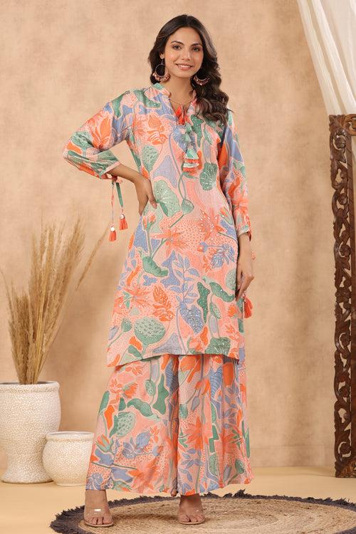 Multi coloured peach base abstract print kurta with palazzo set with pearl gota and sequins work