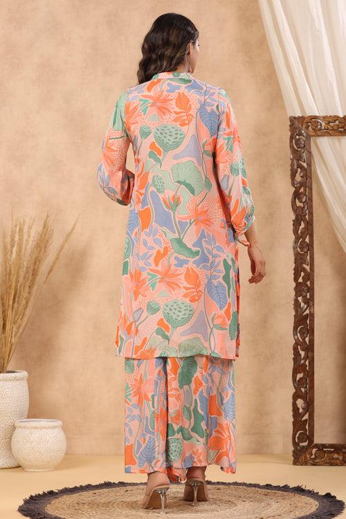 Multi coloured peach base abstract print kurta with palazzo set with pearl gota and sequins work