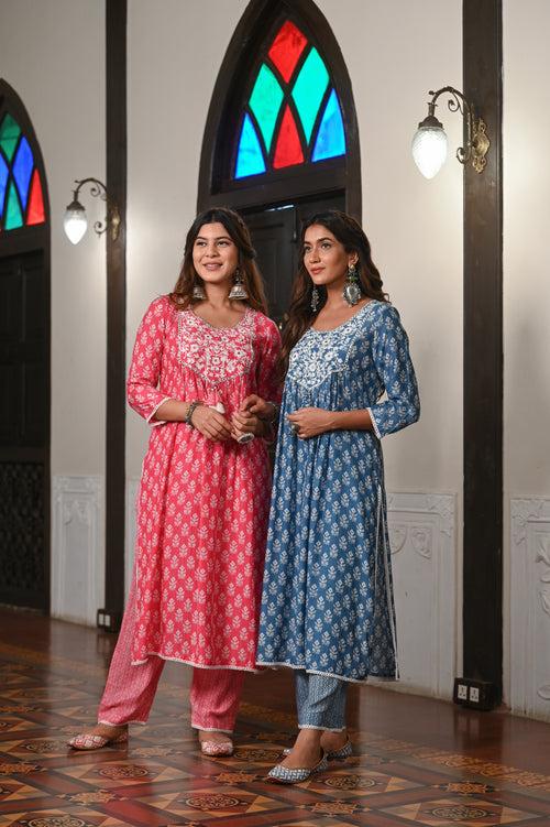 Pink Block Print Muslin Kurta Set