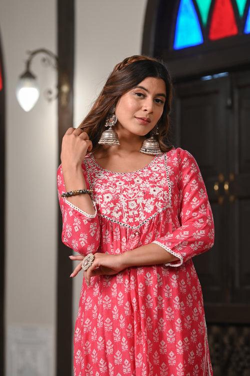 Pink Block Print Muslin Kurta Set