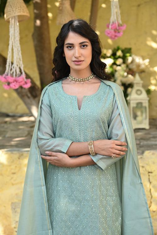 Sea Salt Chanderi Suit Set with Sequins Work