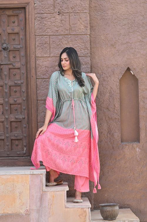 Mint Green & Pink Floral with Mirror Work Kaftan with Pants