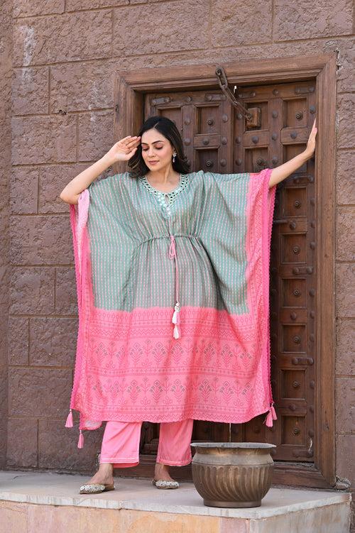 Mint Green & Pink Floral with Mirror Work Kaftan with Pants