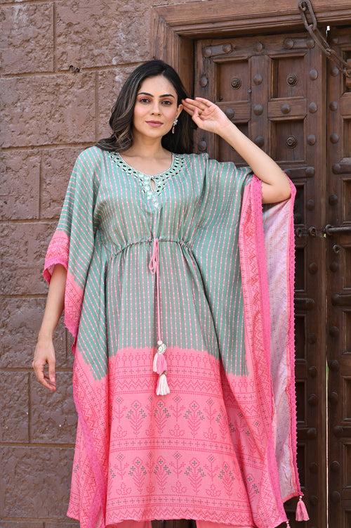 Mint Green & Pink Floral with Mirror Work Kaftan with Pants