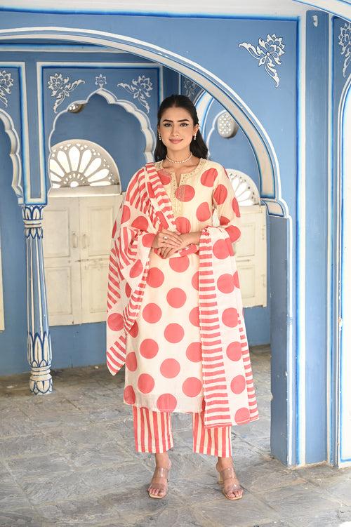 Red Polka Dot Chanderi Suit Set